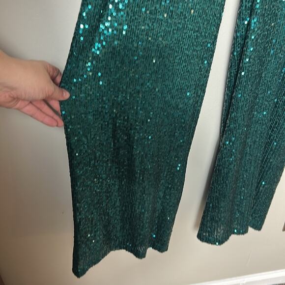 NWT Belle by Badgley Mischka Iris EMERALD GREEN sequin flat front drapey pants - Picture 7 of 14